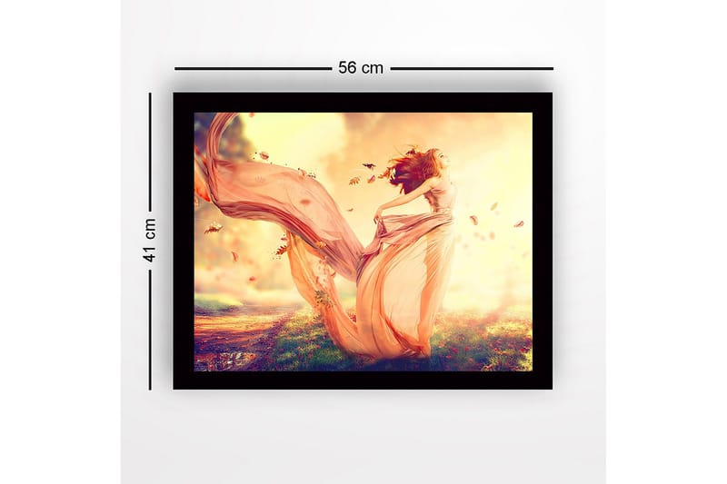 Inramad Canvastavla i trä - 41x56 cm - Dansande kvinna i en flödande klänning omgiven av höstlöv - Ljusrosa / Orange / Guld - Inredning & dekor - Tavlor & konst