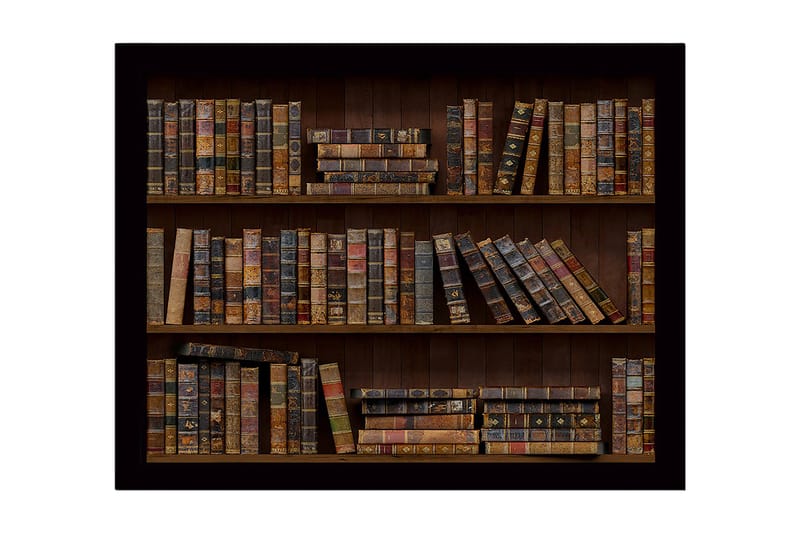 Inramad Canvastavla i trä - 41x56 cm - Detaljerad bokhylla med gamla böcker i varierande färger och storlekar - Brun / Beige / Svart - Inredning & dekor - Tavlor & konst