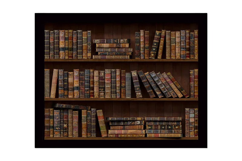 Inramad Canvastavla i trä - 41x56 cm - Detaljerad bokhylla med gamla böcker i varierande färger och storlekar, Brun / Beige / Svart