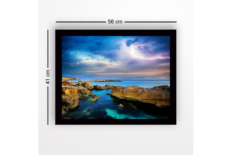 Inramad Canvastavla i trä - 41x56 cm - Dramatiskt havslandskap med åskmoln och klippformationer - Blå / Grön / Beige - Inredning & dekor - Tavlor & konst