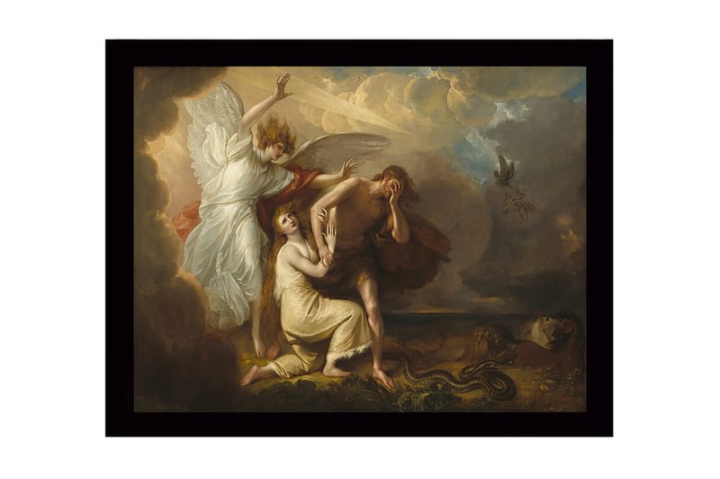 Inramad Canvastavla i trä - 41x56 cm - Dramatiskt ögonblick med en ängel som skyddar en kvinna och en man i sorg - Ljus beige / Mörkbrun / Vit - Inredning & dekor - Tavlor & konst