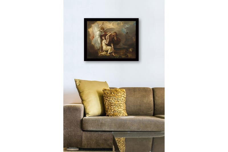 Inramad Canvastavla i trä - 41x56 cm - Dramatiskt ögonblick med en ängel som skyddar en kvinna och en man i sorg - Ljus beige / Mörkbrun / Vit - Inredning & dekor - Tavlor & konst