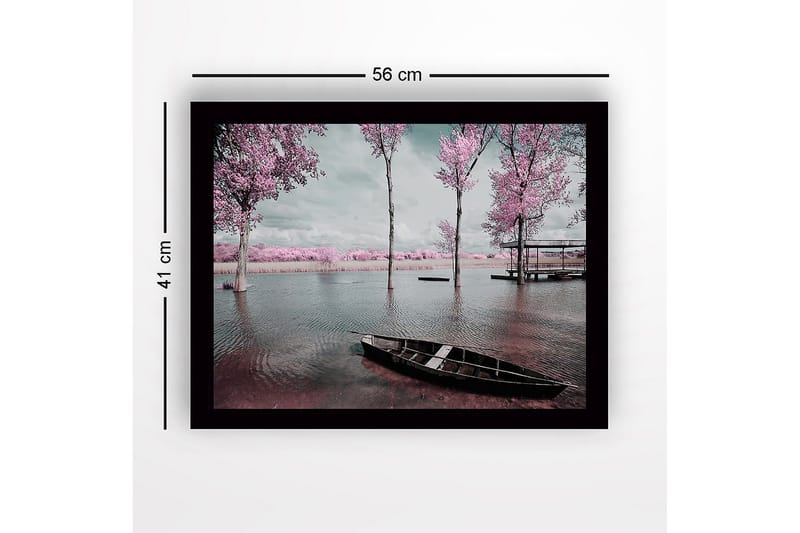Inramad Canvastavla i trä - 41x56 cm - Drömlik landskap med rosa träd vid en stilla sjö - Rosa / Grå / Svart - Inredning & dekor - Tavlor & konst