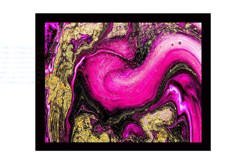 Inramad Canvastavla i trä - 41x56 cm - Dynamisk abstrakt komposition med rosa och guldiga inslag, Rosa / Guld / Svart