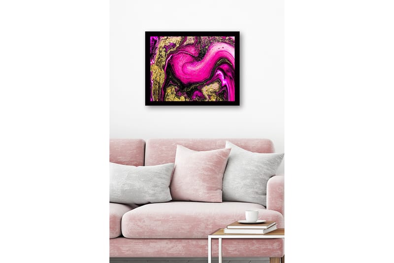 Inramad Canvastavla i trä - 41x56 cm - Dynamisk abstrakt komposition med rosa och guldiga inslag - Rosa / Guld / Svart - Inredning & dekor - Tavlor & konst