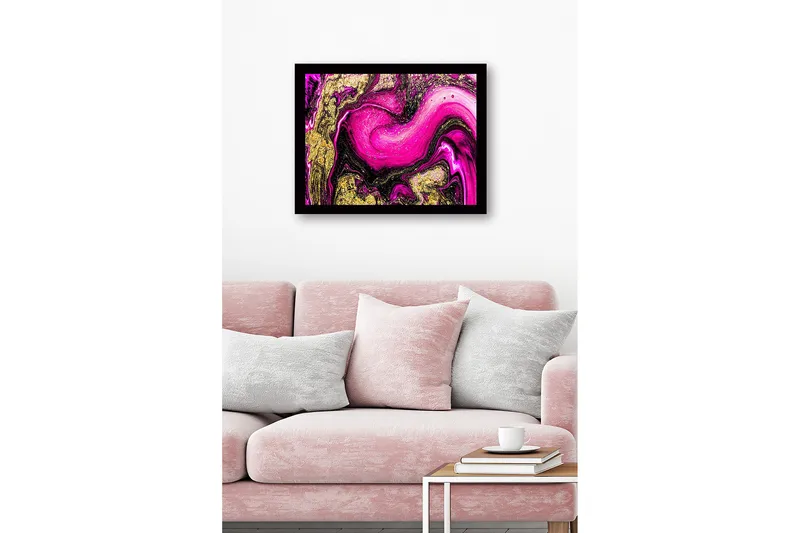 Inramad Canvastavla i trä - 41x56 cm - Dynamisk abstrakt komposition med rosa och guldiga inslag - Rosa / Guld / Svart - Inredning & dekor - Tavlor & konst