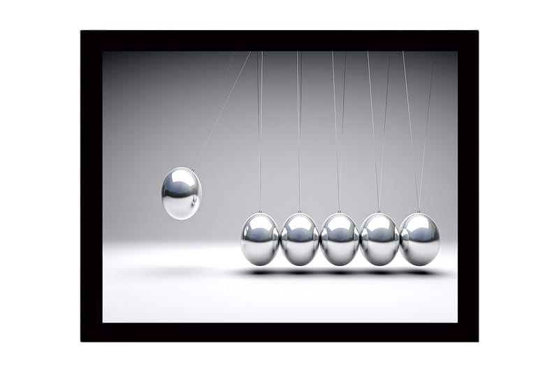 Inramad Canvastavla i trä - 41x56 cm - Dynamisk komposition med hängande metallkulor i rörelse, Silver / Grå