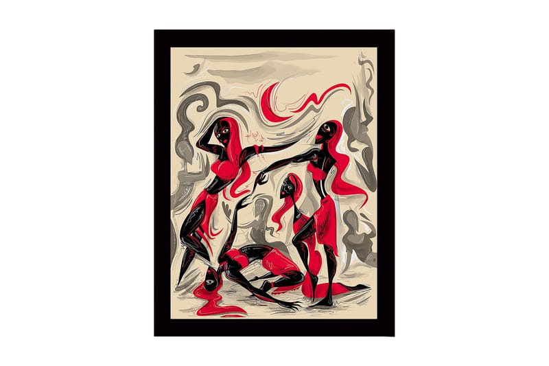 Inramad Canvastavla i trä - 41x56 cm - Dynamisk komposition med tre figurer i rörelse - Röd / Svart / Beige - Inredning & dekor - Tavlor & konst