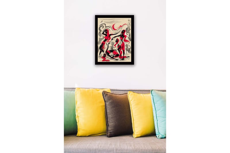 Inramad Canvastavla i trä - 41x56 cm - Dynamisk komposition med tre figurer i rörelse - Röd / Svart / Beige - Inredning & dekor - Tavlor & konst