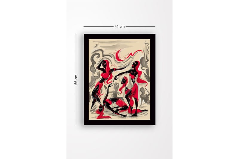 Inramad Canvastavla i trä - 41x56 cm - Dynamisk komposition med tre figurer i rörelse - Röd / Svart / Beige - Inredning & dekor - Tavlor & konst