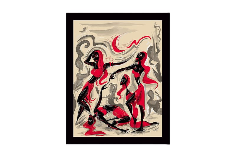 Inramad Canvastavla i trä - 41x56 cm - Dynamisk komposition med tre figurer i rörelse, Röd / Svart / Beige