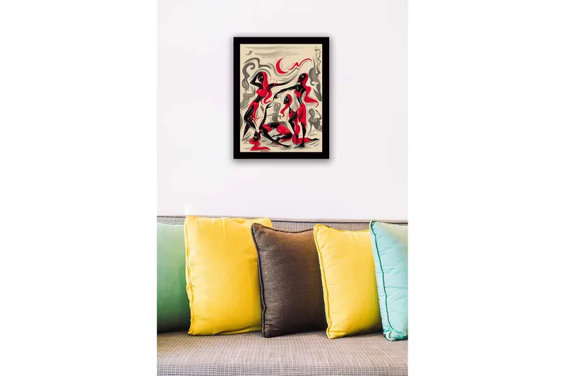 Inramad Canvastavla i trä - 41x56 cm - Dynamisk komposition med tre figurer i rörelse - Röd / Svart / Beige - Inredning & dekor - Tavlor & konst