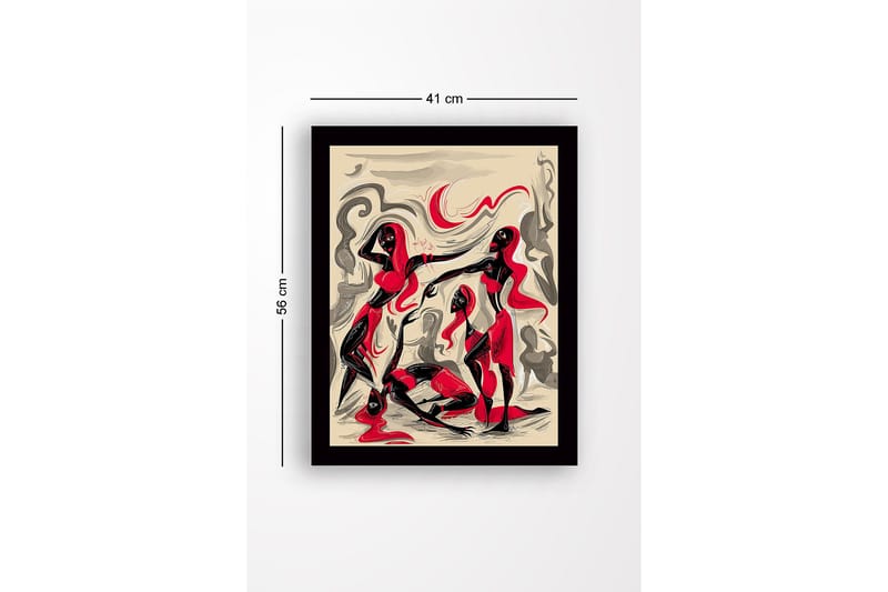 Inramad Canvastavla i trä - 41x56 cm - Dynamisk komposition med tre figurer i rörelse - Röd / Svart / Beige - Inredning & dekor - Tavlor & konst