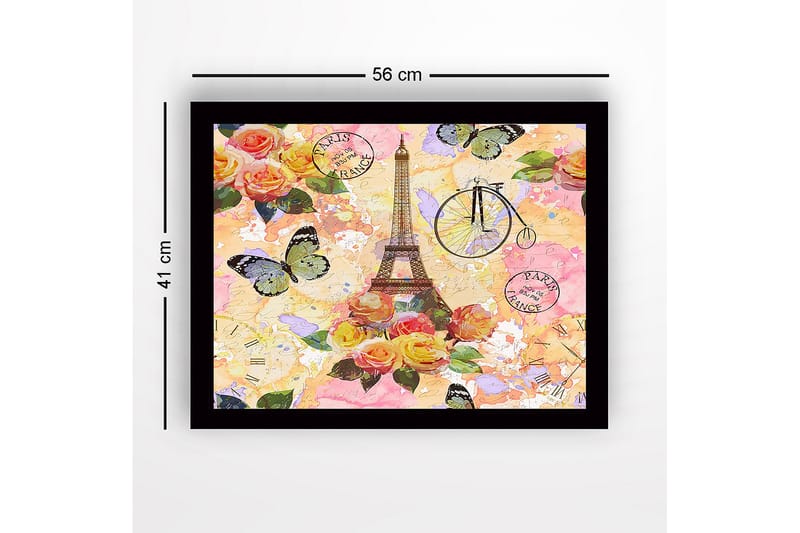 Inramad Canvastavla i trä - 41x56 cm - Eiffeltornet omgiven av färgrika blommor och fjärilar - Rosa / Gult / Grönt - Inredning & dekor - Tavlor & konst