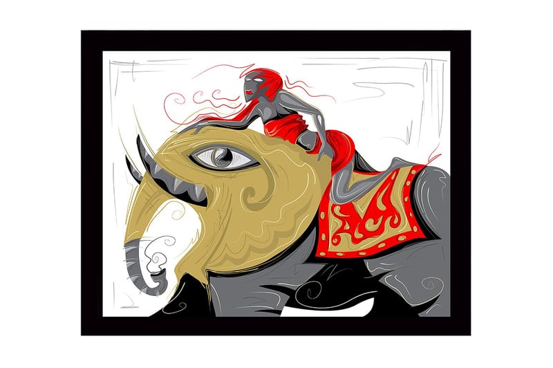 Inramad Canvastavla i trä - 41x56 cm - Elefant med en kvinna i röd klänning som rider p å dess rygg, Guld / Röd / Svart
