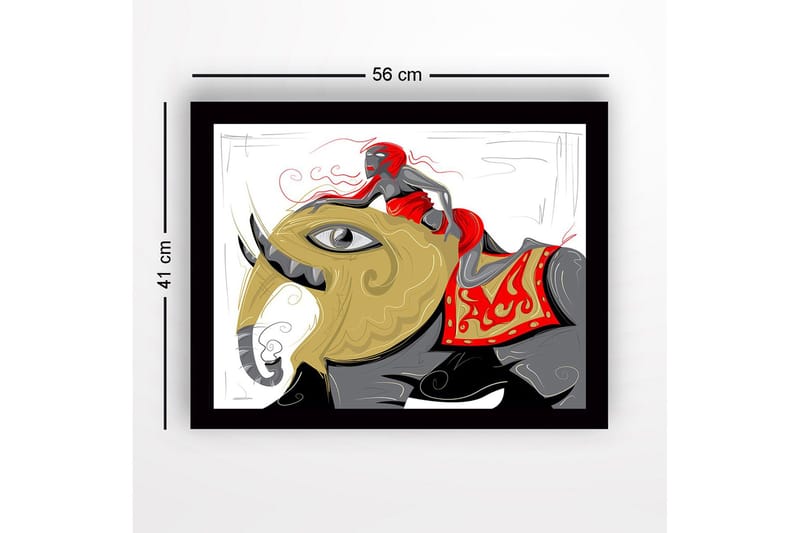 Inramad Canvastavla i trä - 41x56 cm - Elefant med en kvinna i röd klänning som rider på dess rygg - Guld / Röd / Svart - Inredning & dekor - Tavlor & konst