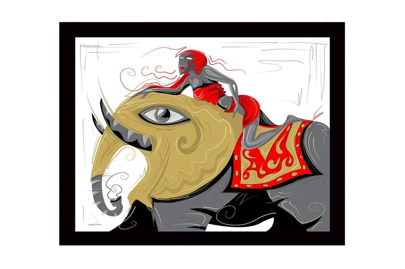 Inramad Canvastavla i trä - 41x56 cm - Elefant med en kvinna i röd klänning som rider på dess rygg, Guld / Röd / Svart