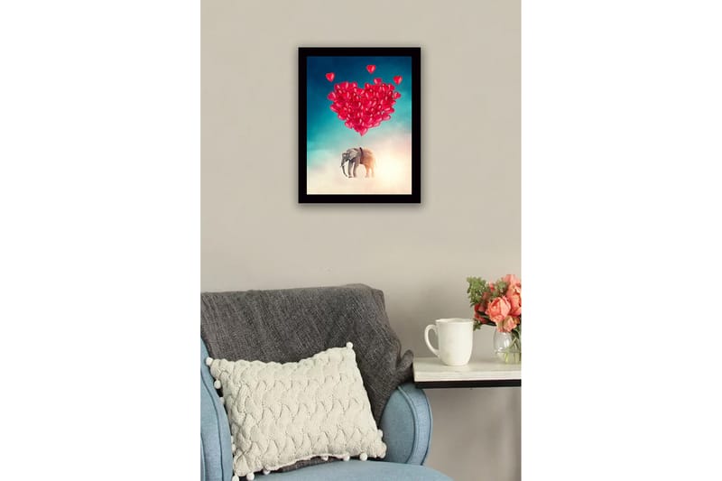 Inramad Canvastavla i trä - 41x56 cm - Elefant som svävar med hjärtformade ballonger - Röd / Grå / Turkos - Inredning & dekor - Tavlor & konst