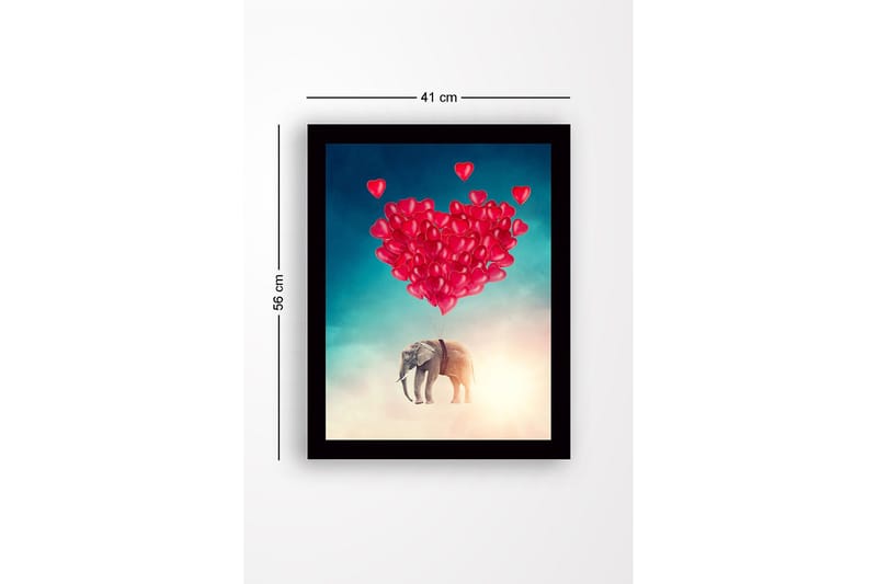 Inramad Canvastavla i trä - 41x56 cm - Elefant som svävar med hjärtformade ballonger - Röd / Grå / Turkos - Inredning & dekor - Tavlor & konst