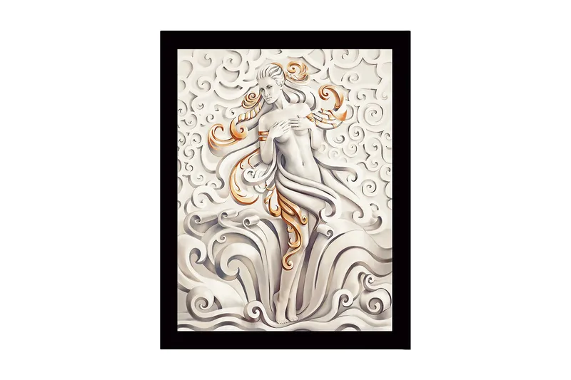 Inramad Canvastavla i trä - 41x56 cm - Elegant figur av en kvinna omgiven av svängande moln och vågor - Grå / Beige / Orange - Inredning & dekor - Tavlor & konst