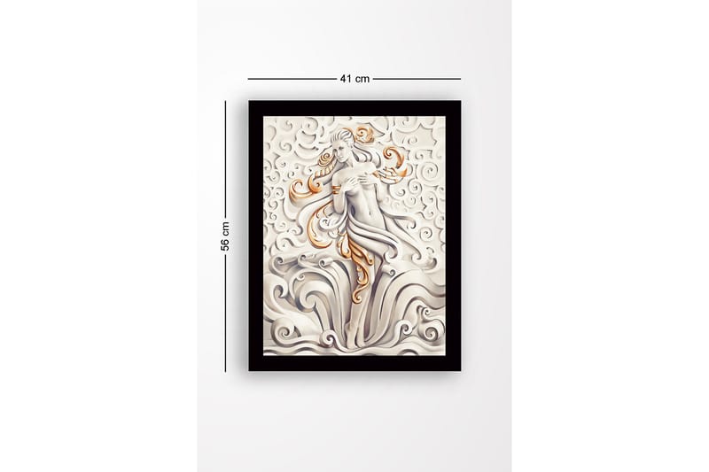 Inramad Canvastavla i trä - 41x56 cm - Elegant figur av en kvinna omgiven av svängande moln och vågor - Grå / Beige / Orange - Inredning & dekor - Tavlor & konst