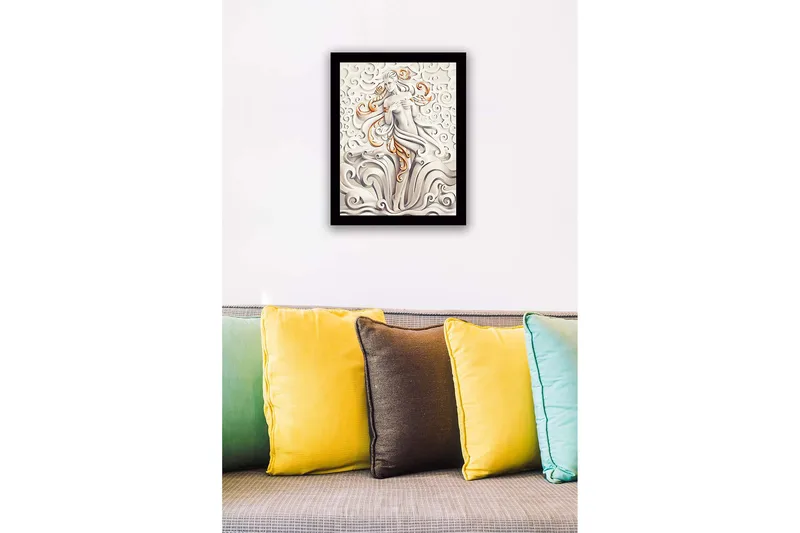 Inramad Canvastavla i trä - 41x56 cm - Elegant figur av en kvinna omgiven av svängande moln och vågor - Grå / Beige / Orange - Inredning & dekor - Tavlor & konst