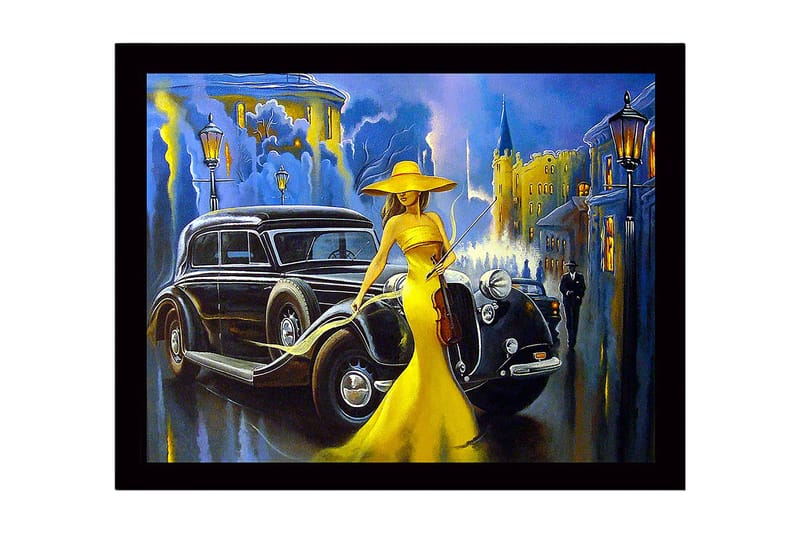 Inramad Canvastavla i trä - 41x56 cm - Elegant kvinna i gul klänning med fiol framför en klassisk bil i en stadsmiljö - Gul / Svart / Blå - Inredning & dekor - Tavlor & konst