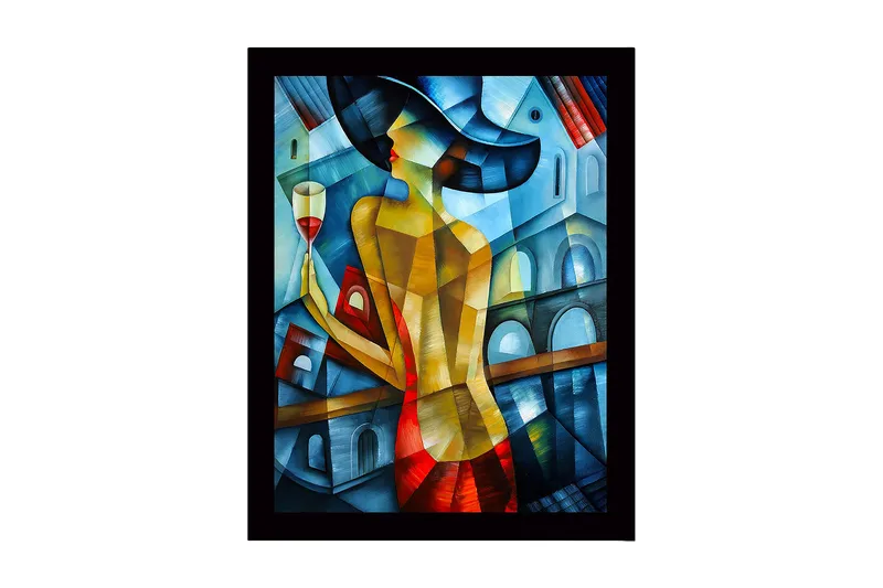 Inramad Canvastavla i trä - 41x56 cm - Elegant kvinna med ett vinglas i en färgglad miljö, Blå / Röd / Gul