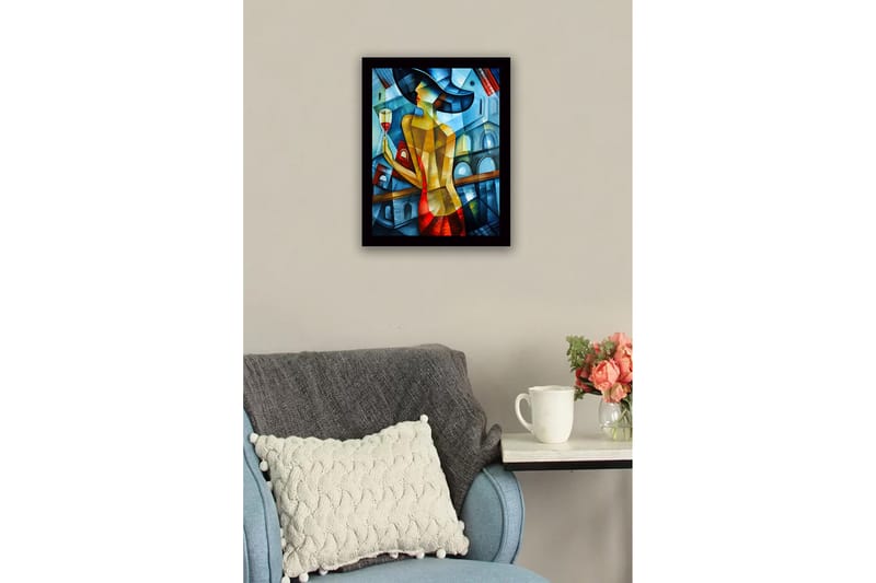 Inramad Canvastavla i trä - 41x56 cm - Elegant kvinna med ett vinglas i en färgglad miljö - Blå / Röd / Gul - Inredning & dekor - Tavlor & konst