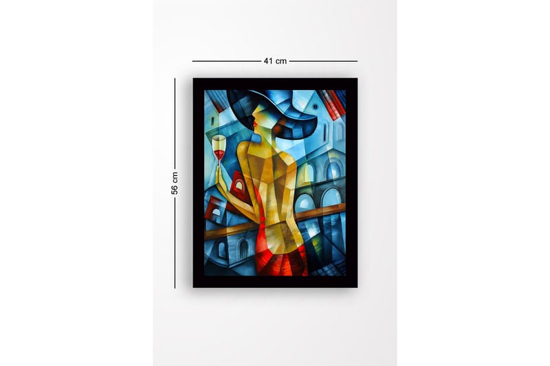 Inramad Canvastavla i trä - 41x56 cm - Elegant kvinna med ett vinglas i en färgglad miljö - Blå / Röd / Gul - Inredning & dekor - Tavlor & konst