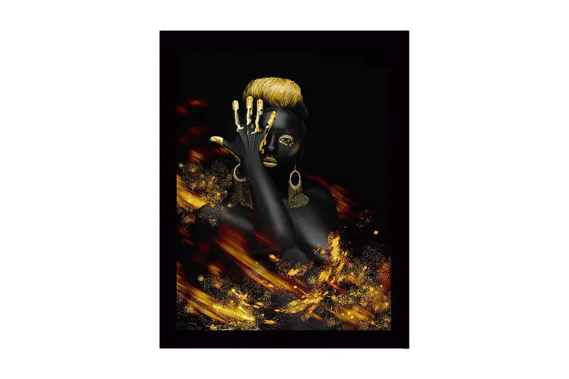 Inramad Canvastavla i trä - 41x56 cm - Elegant kvinna med guldiga detaljer och svart bakgrund - Svart / Guld - Inredning & dekor - Tavlor & konst