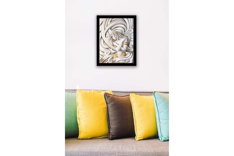 Inramad Canvastavla i trä - 41x56 cm - Elegant kvinna omgiven av svängande linjer - Vit / Guld / Grå - Inredning & dekor - Tavlor & konst