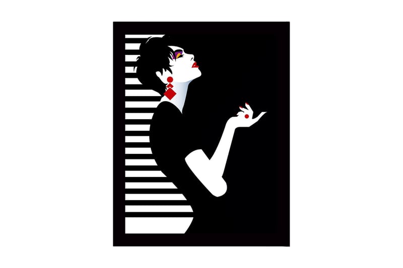 Inramad Canvastavla i trä - 41x56 cm - Elegant silhuett av en kvinna med dramatisk pose - Svart / Vit / Röd - Inredning & dekor - Tavlor & konst