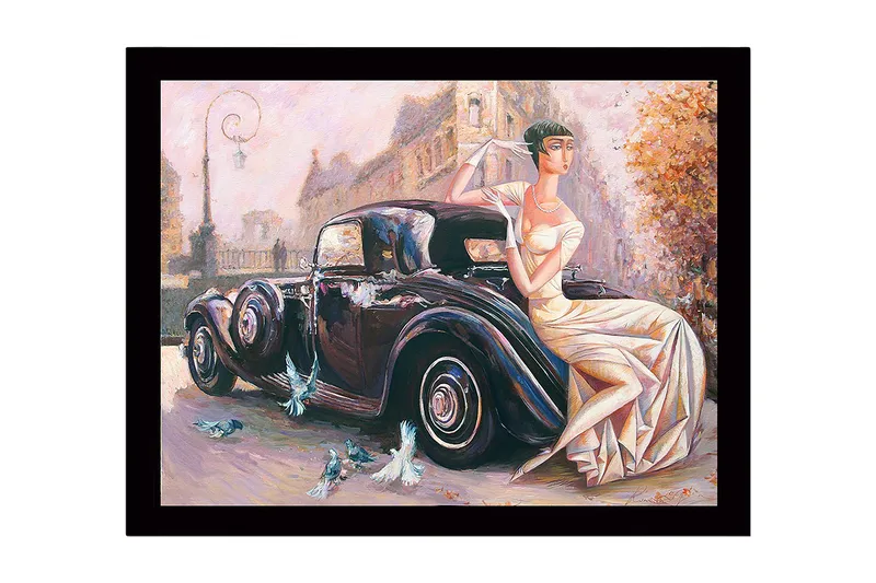 Inramad Canvastavla i trä - 41x56 cm - Eleganta kvinna i vit klänning sittande på en klassisk bil, Svart / Beige / Ljusrosa