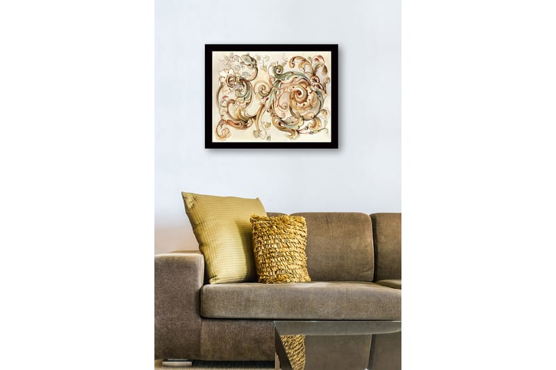 Inramad Canvastavla i trä - 41x56 cm - Eleganta snirklar och blommor i en harmonisk komposition - Ljusgrön / Beige / Brun - Inredning & dekor - Tavlor & konst