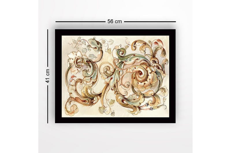 Inramad Canvastavla i trä - 41x56 cm - Eleganta snirklar och blommor i en harmonisk komposition - Ljusgrön / Beige / Brun - Inredning & dekor - Tavlor & konst