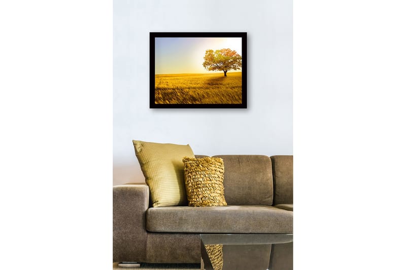 Inramad Canvastavla i trä - 41x56 cm - Ensam höstträd i ett gyllene fält - Guld / Grön / Orange - Inredning & dekor - Tavlor & konst