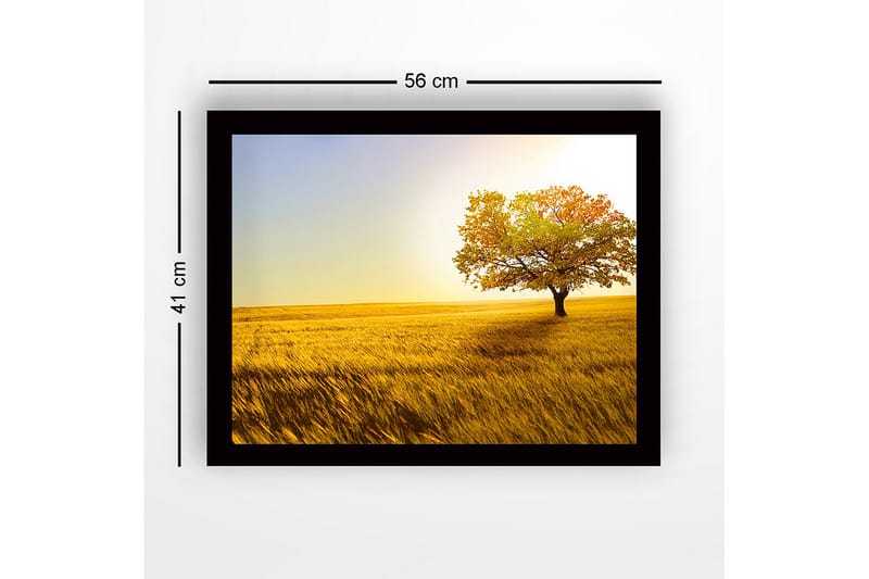 Inramad Canvastavla i trä - 41x56 cm - Ensam höstträd i ett gyllene fält - Guld / Grön / Orange - Inredning & dekor - Tavlor & konst