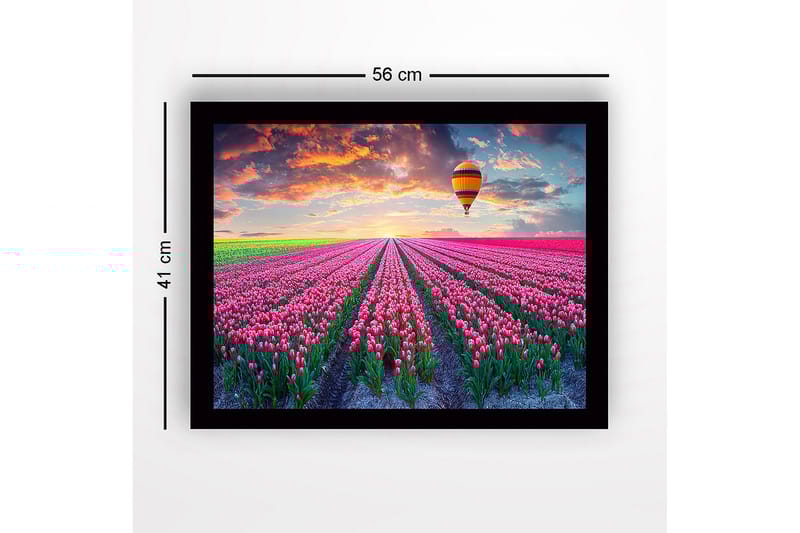 Inramad Canvastavla i trä - 41x56 cm - Fält av färgglada tulpaner under en ballong i solnedgången - Rosa / Grön / Orange - Inredning & dekor - Tavlor & konst
