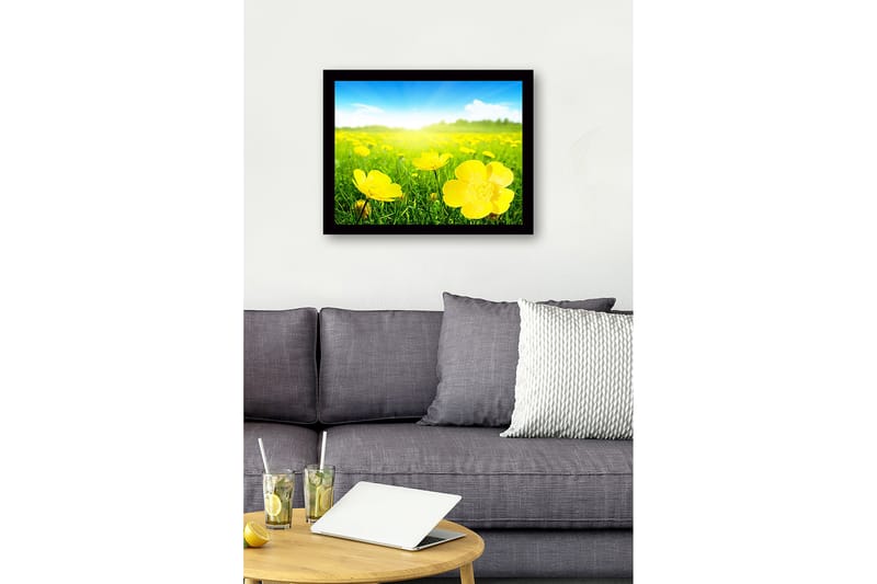 Inramad Canvastavla i trä - 41x56 cm - Fält av gula blommor i soligt landskap - Gul / Grön - Inredning & dekor - Tavlor & konst