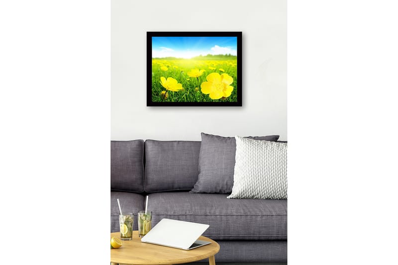 Inramad Canvastavla i trä - 41x56 cm - Fält av gula blommor i soligt landskap - Gul / Grön - Inredning & dekor - Tavlor & konst
