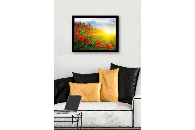 Inramad Canvastavla i trä - 41x56 cm - Fält av röda vallmo i soluppgångens ljus - Röd / Grön / Gul - Inredning & dekor - Tavlor & konst