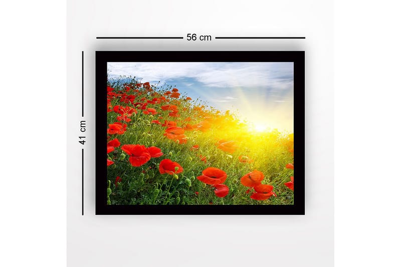 Inramad Canvastavla i trä - 41x56 cm - Fält av röda vallmo i soluppgångens ljus - Röd / Grön / Gul - Inredning & dekor - Tavlor & konst