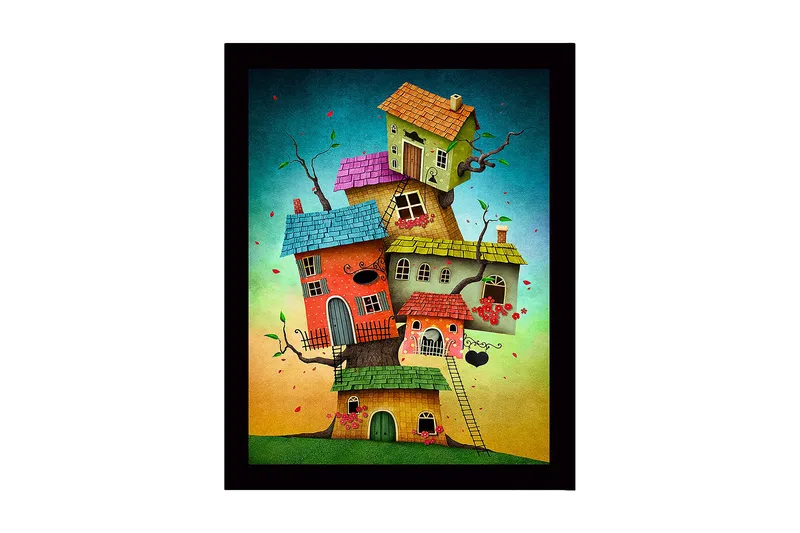 Inramad Canvastavla i trä - 41x56 cm - Fantasifull byggnad med flera färgglada hus staplade på varandra, Röd / Grön / Blå