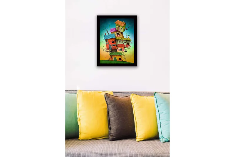 Inramad Canvastavla i trä - 41x56 cm - Fantasifull byggnad med flera färgglada hus staplade på varandra - Röd / Grön / Blå - Inredning & dekor - Tavlor & konst