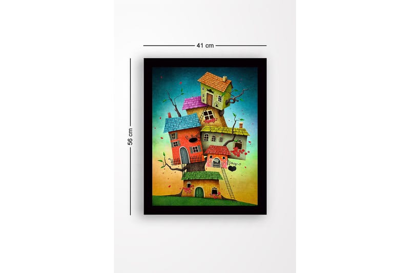 Inramad Canvastavla i trä - 41x56 cm - Fantasifull byggnad med flera färgglada hus staplade på varandra - Röd / Grön / Blå - Inredning & dekor - Tavlor & konst