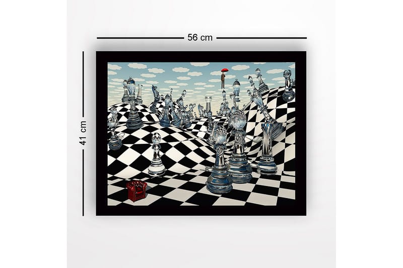 Inramad Canvastavla i trä - 41x56 cm - Fantasifull schacklandskap med genomskinliga schackpjäser och en figur med ett paraply - Blå / Svart / Vit - Inredning & dekor - Tavlor & konst