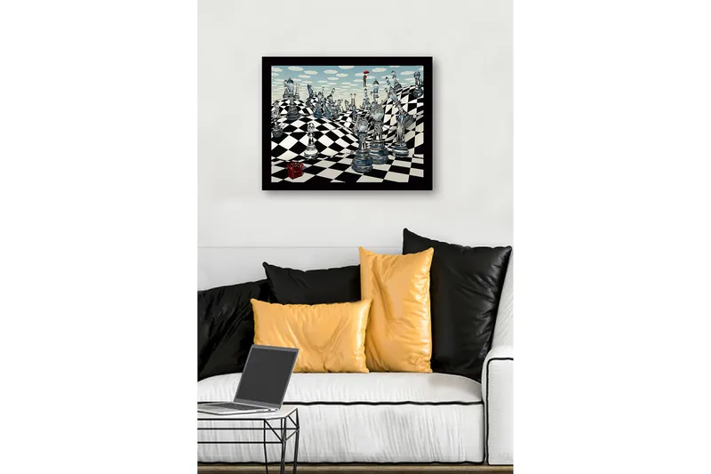 Inramad Canvastavla i trä - 41x56 cm - Fantasifull schacklandskap med genomskinliga schackpjäser och en figur med ett paraply - Blå / Svart / Vit - Inredning & dekor - Tavlor & konst