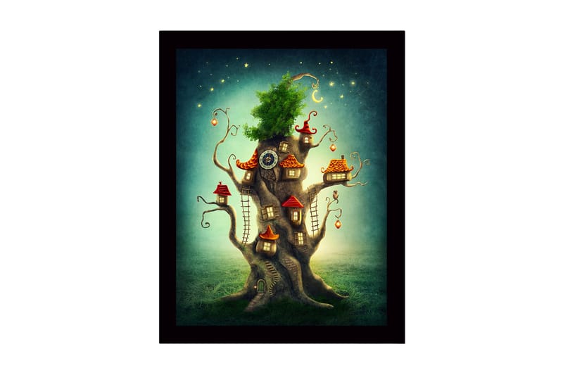 Inramad Canvastavla i trä - 41x56 cm - Fantasifullt träd med små hus och en grönskande krona - Grön / Brun / Röd - Inredning & dekor - Tavlor & konst