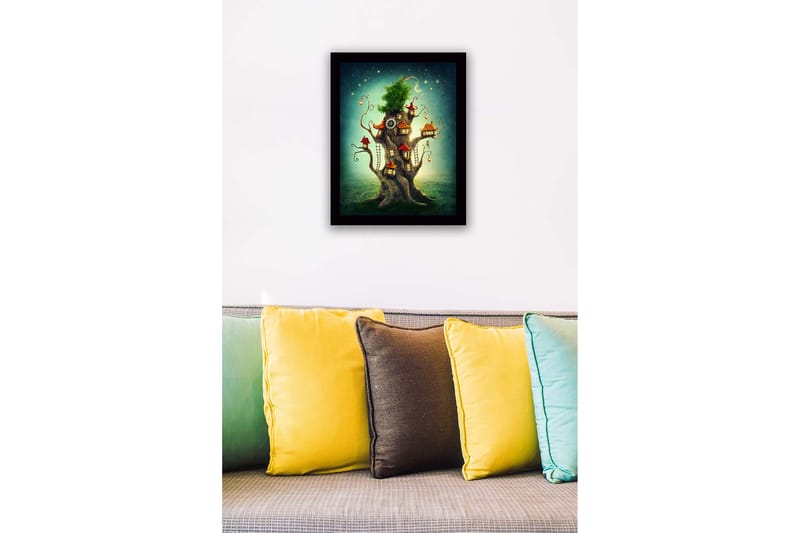 Inramad Canvastavla i trä - 41x56 cm - Fantasifullt träd med små hus och en grönskande krona - Grön / Brun / Röd - Inredning & dekor - Tavlor & konst